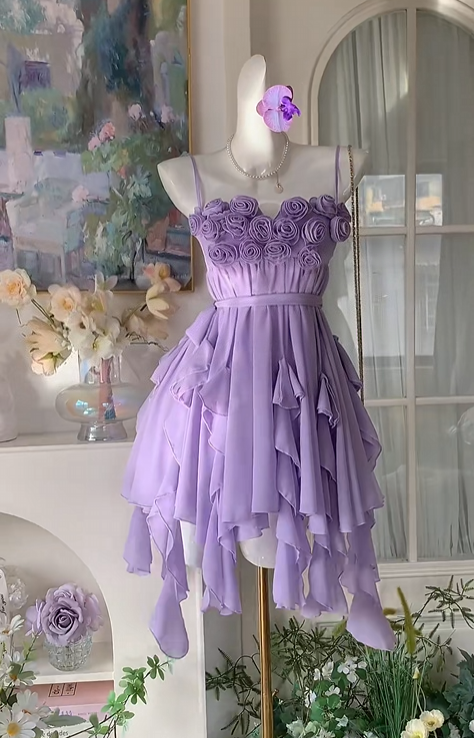 Spaghetti Straps Purple Chiffon Homecoming Dress Ruffled Party Dress
