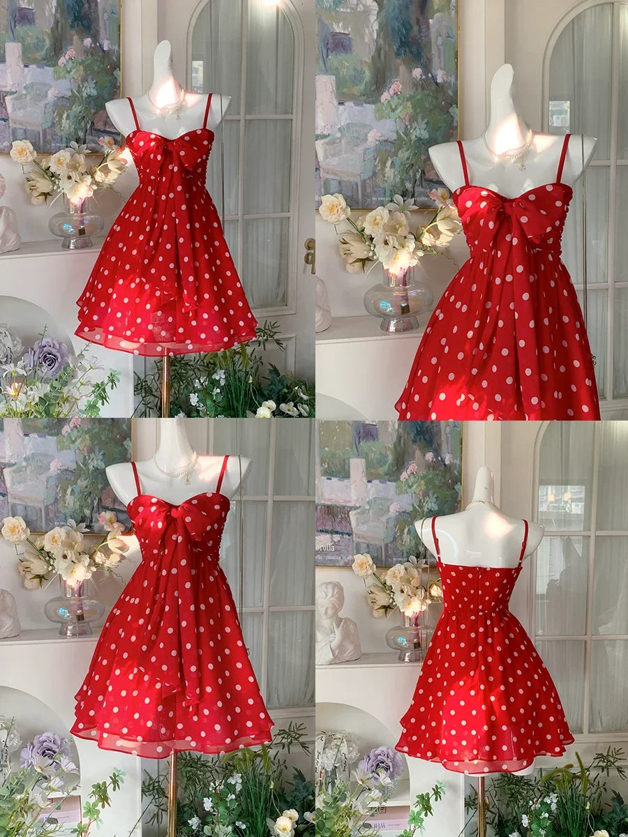 Spaghetti Straps Red Retro Polka Dot Homecoming Dress