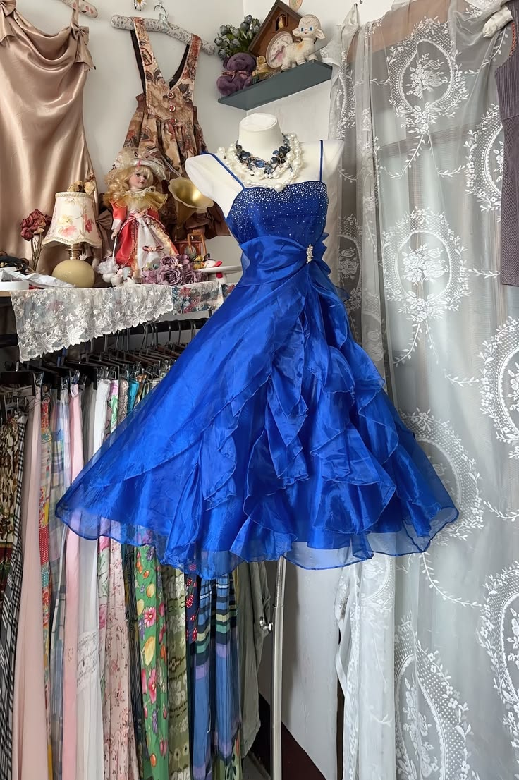 Spaghetti Straps Royal Blue Ruffled Homecoming Dress Organza Birthday Dress