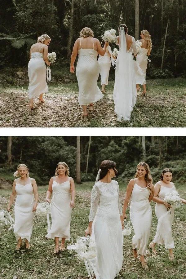 Spaghetti Straps Sheath Cowl Neck Tea Length Bridesmaid Dress (ZD12848)