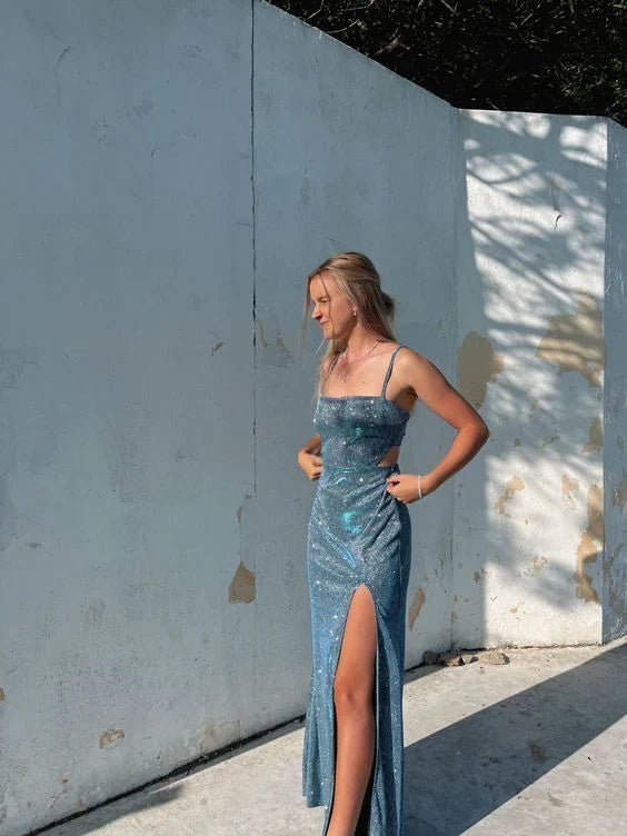 Spaghetti Straps Sheath Slit Prom Dress Long Evening Dress