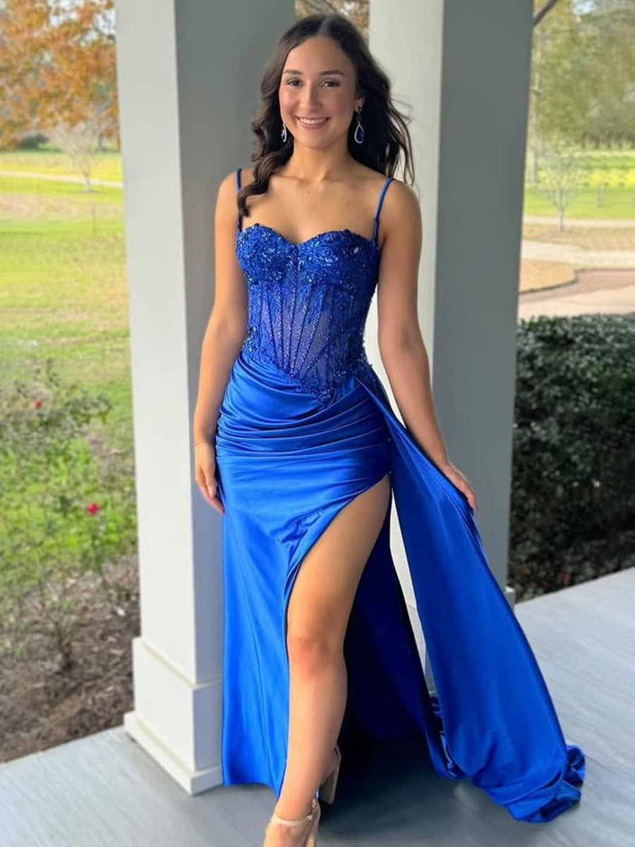 Spaghetti Straps Sweetheart Appliques Pleated Prom Dress with Slit - View 3 | FashionDia