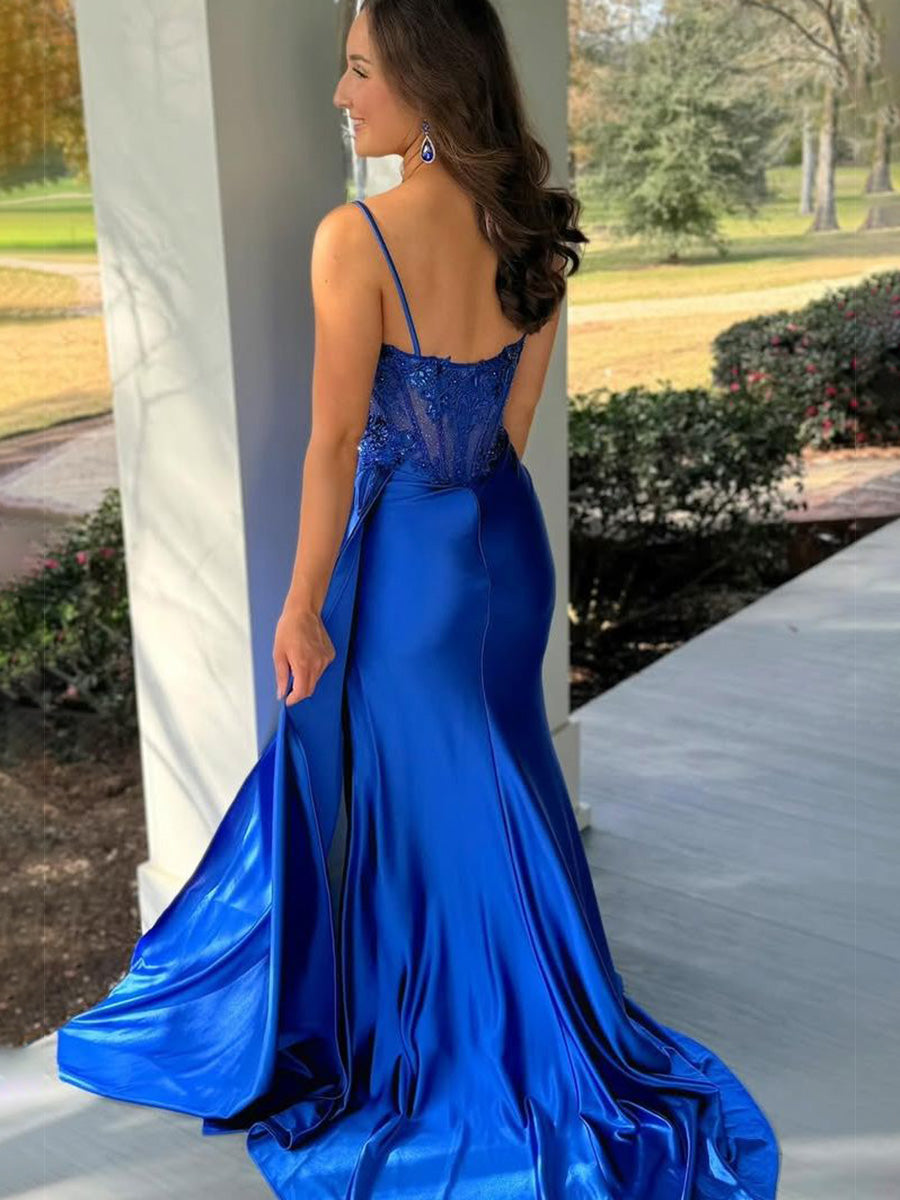 Spaghetti Straps Sweetheart Appliques Pleated Prom Dress with Slit - View 4 | FashionDia