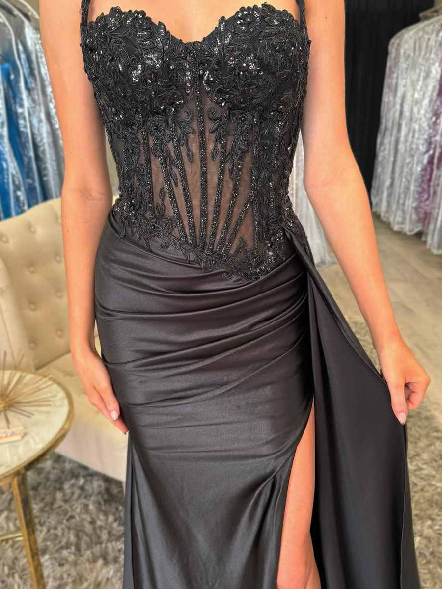 Spaghetti Straps Sweetheart Appliques Pleated Prom Dress with Slit - View 2 | FashionDia