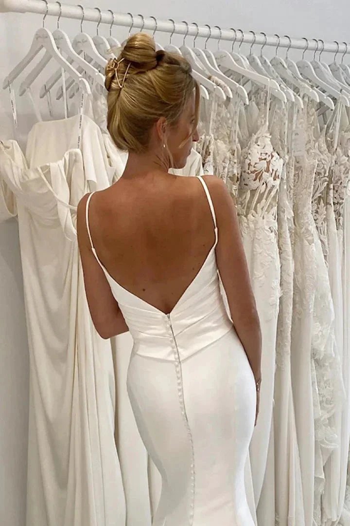 Spaghetti Straps V-neck Pleats Simple Mermaid Satin Wedding Dress (ZD16168)