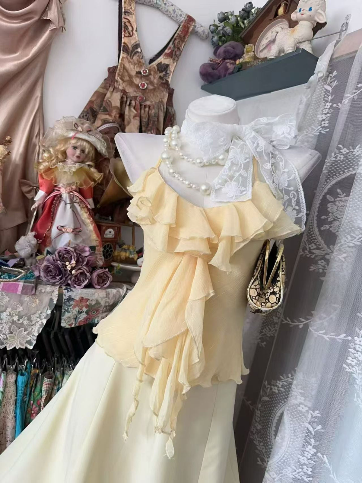 Spaghetti Straps Yellow Chiffon Prom Dress Ruffled Evening Dress  J10866