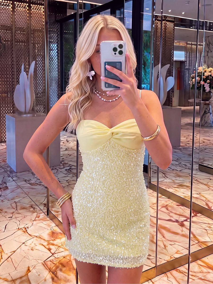 Spaghetti Straps Yellow Sequins Sheath Mini Homecoming Dress