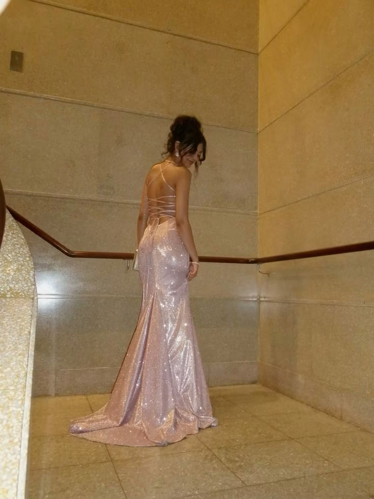 Sparkle Pink Backless Prom Dress Mermaid Evening Dresses