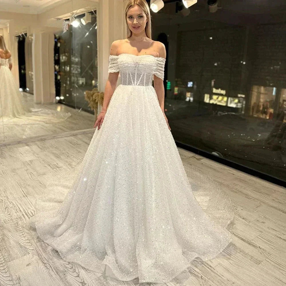 Sparkling Lace Off Shoulder Sweetheart Mopping New Wedding Dresses Bridal Gowns Backless Beautiful Appliques Sweep Train Beach (ZD14237)