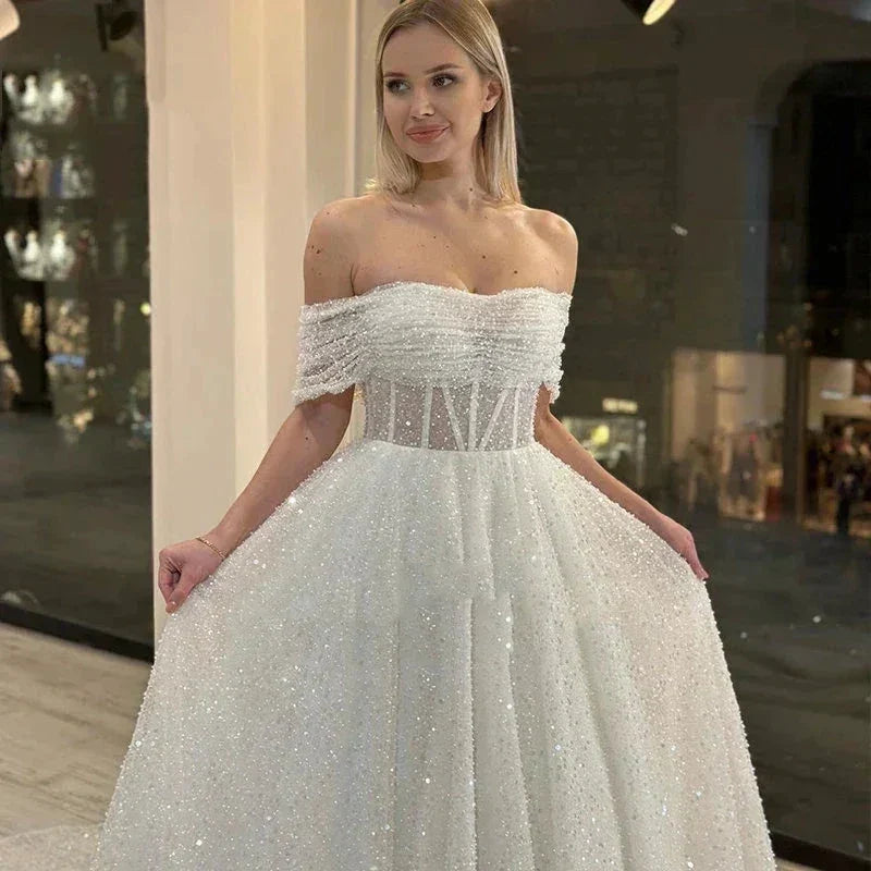 Sparkling Lace Off Shoulder Sweetheart Mopping New Wedding Dresses Bridal Gowns Backless Beautiful Appliques Sweep Train Beach (ZD14237)