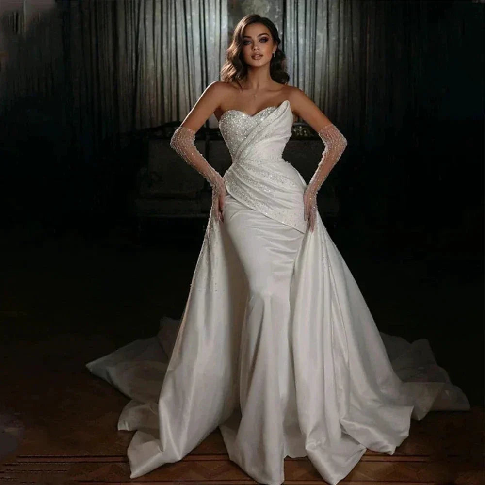 Sparkling Simple Off Shoulder Lace Mermaid Sleeveless Wedding Dresses Luxurious Sexy Sweetheart Floor Length Bridal Gown 2023 (ZD13534)