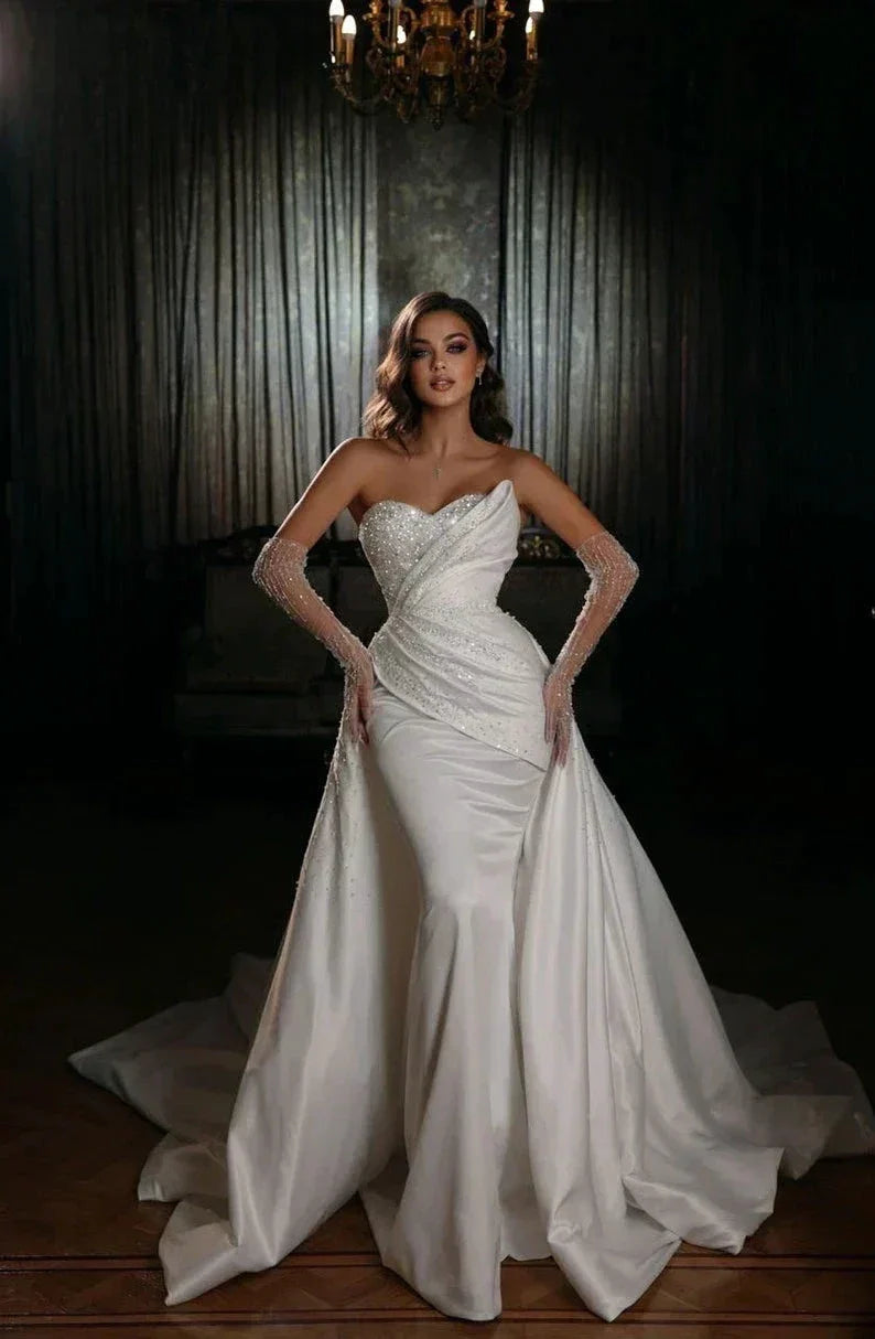 Sparkling Simple Off Shoulder Lace Mermaid Sleeveless Wedding Dresses Luxurious Sexy Sweetheart Floor Length Bridal Gown 2023 (ZD13534)