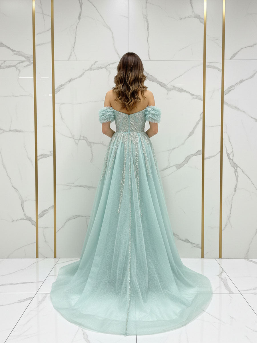 Sparkling Aqua Blue Off-the-Shoulder Beaded Prom Dress with Slit