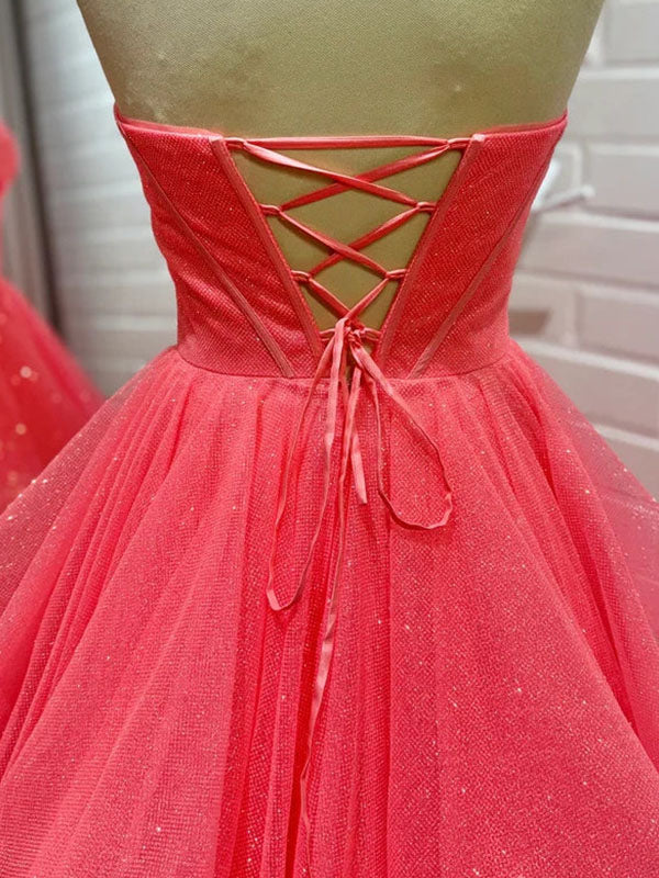 Sparkling Coral Strapless Corset Prom Dress with Tiered Ruffles