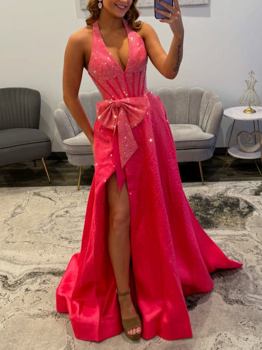 Sparkly Light Blue A-Line Corset Prom Dress with Statement Bow