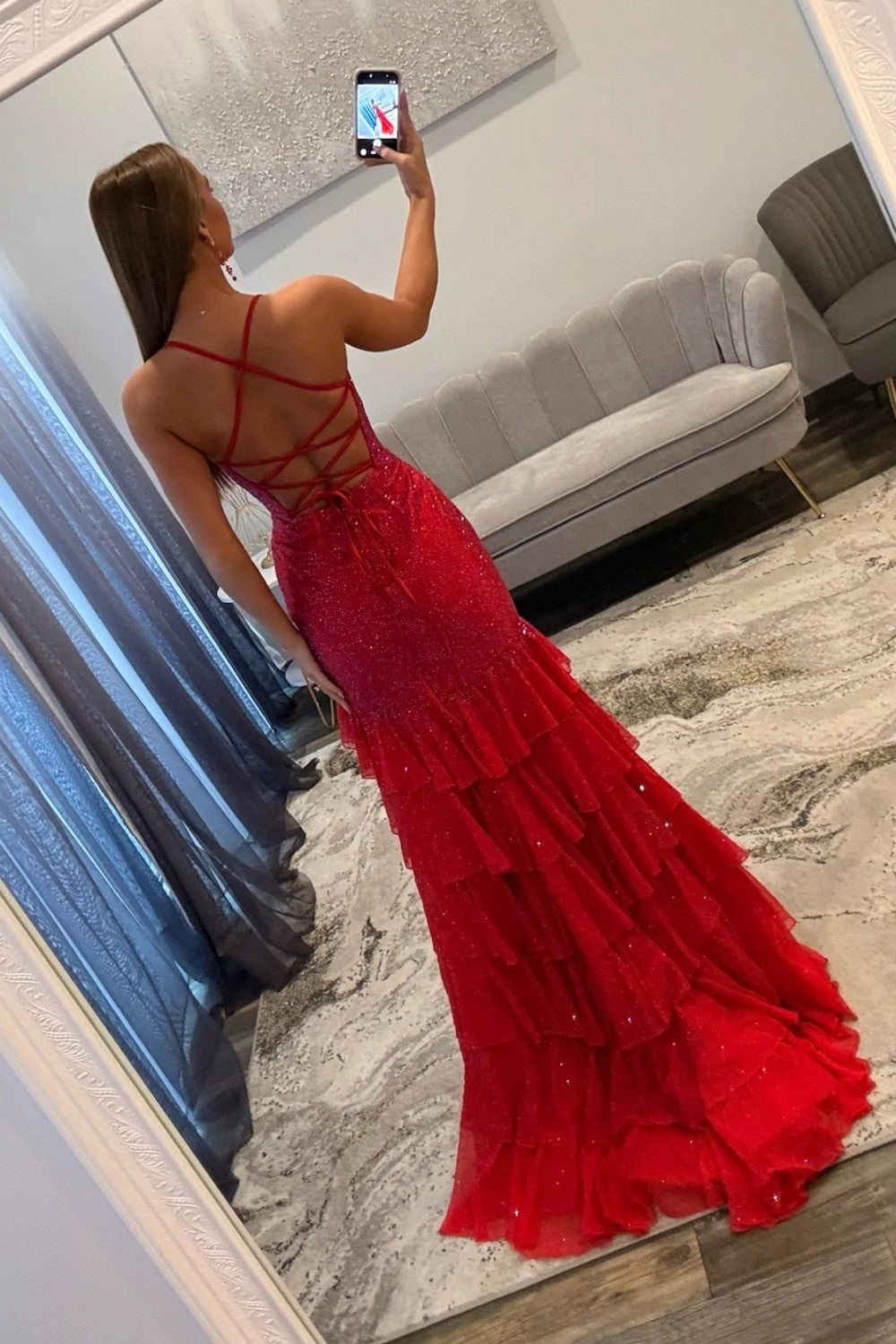 Stunning Mermaid Spaghetti Straps Red Long Prom Dress with Beading Ruffles