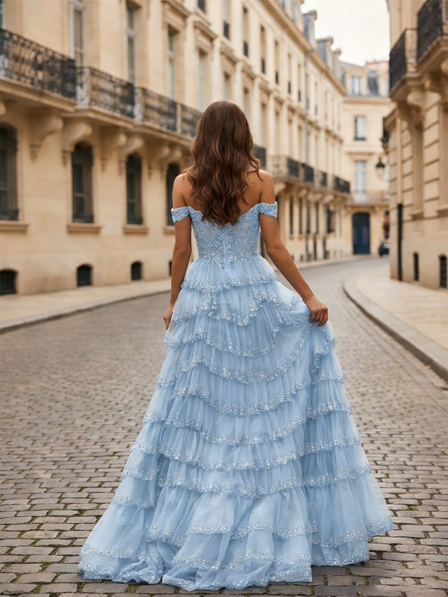 Sparkling Royal Blue Off The Shoulder Tiered Ruffle Corset Prom Dress with Slit
