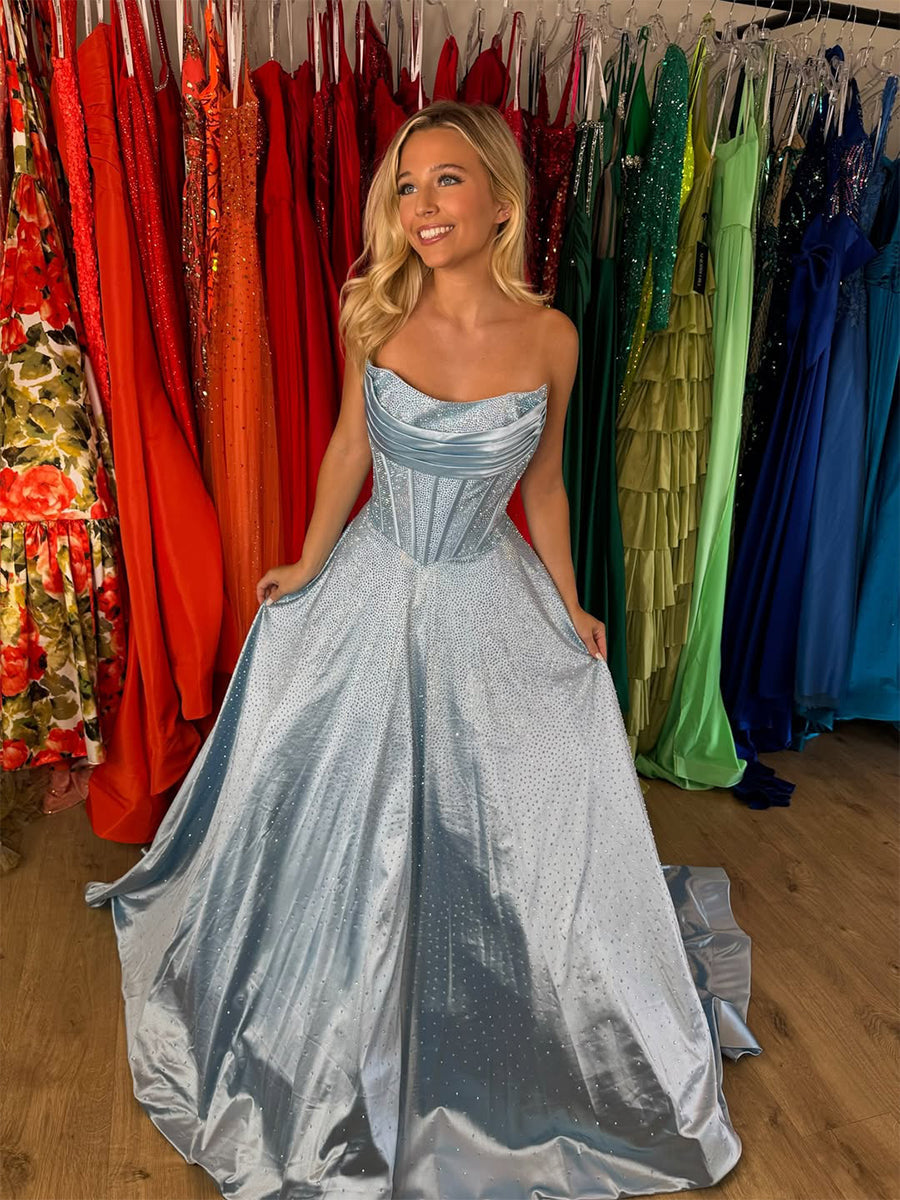 Royal Blue Sparkly Strapless A Line Corset Long Prom Dress