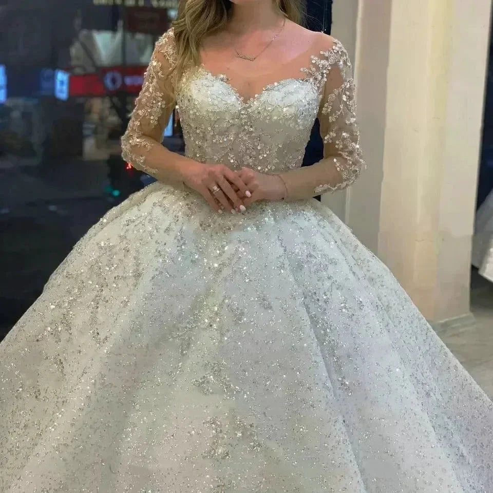 Sparkly Beading Wedding Dress Long Sleeves 2023 Vestido De Noiva Lace Up Pageant Beading Bridal Gowns Custom Made Hochzeitskleid (ZD14109)