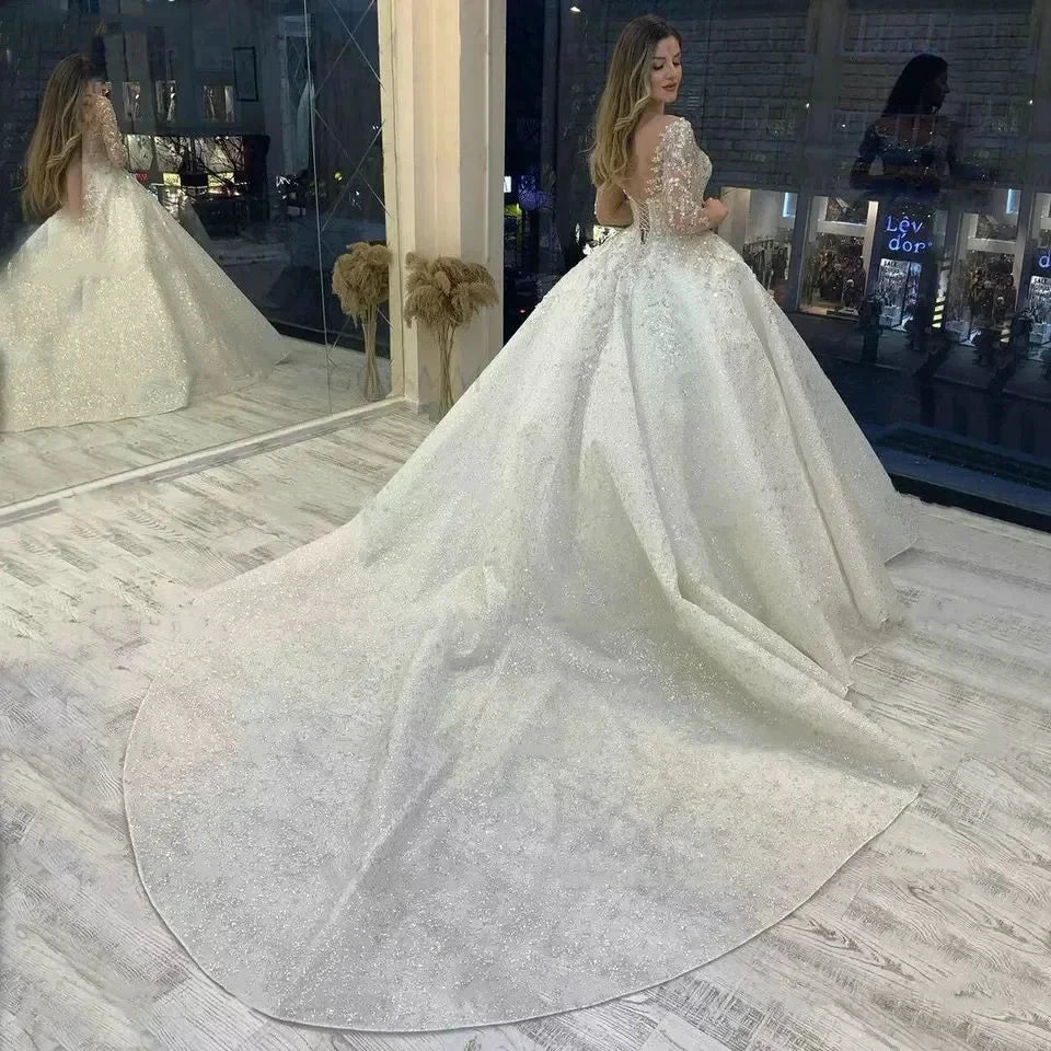 Sparkly Beading Wedding Dress Long Sleeves 2023 Vestido De Noiva Lace Up Pageant Beading Bridal Gowns Custom Made Hochzeitskleid (ZD14109)