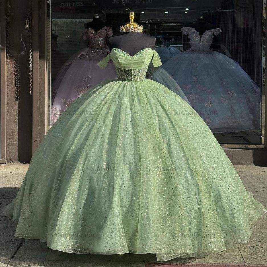 Sparkly & Glitter Ball Gown Off Shoulder Beaded Sage Green Tulle Quinceanera Dresses Princess Cocktail Party Gown Formal Eveing Dress For Sweet 16