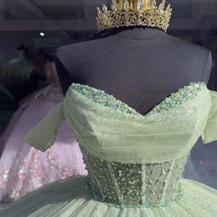 Sparkly & Glitter Ball Gown Off Shoulder Beaded Sage Green Tulle Quinceanera Dresses Princess Cocktail Party Gown Formal Eveing Dress For Sweet 16