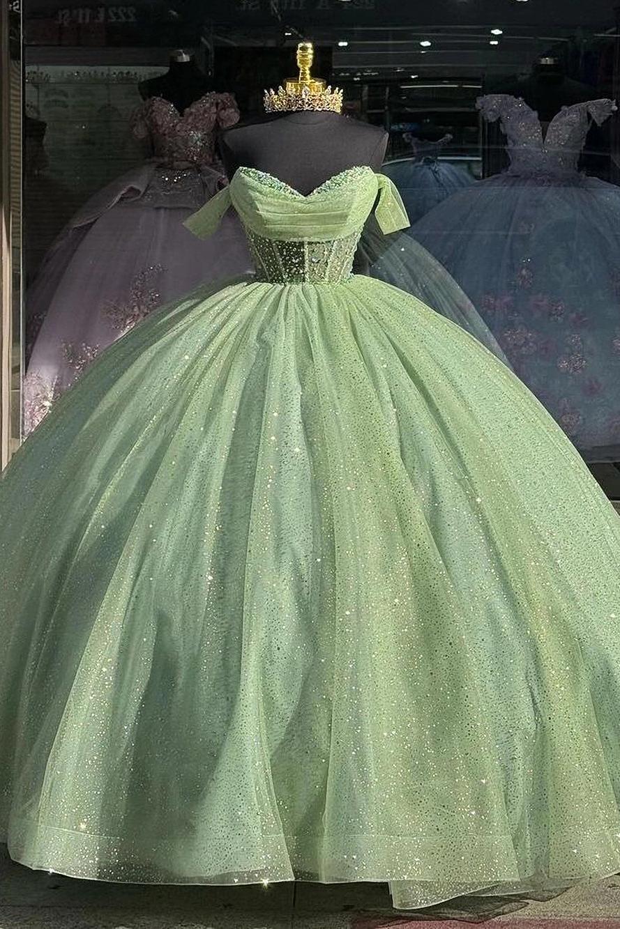 Sparkly & Glitter Ball Gown Off Shoulder Beaded Sage Green Tulle Quinceanera Dresses Princess Cocktail Party Gown Formal Eveing Dress For Sweet 16