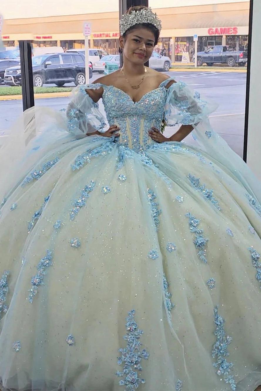 Sparkly & Glitter Ball Gown Off Shoulder Lace Applique Beaded Sky Blue Tulle Quinceanera Dress Princess Party Gown For Sweet 16