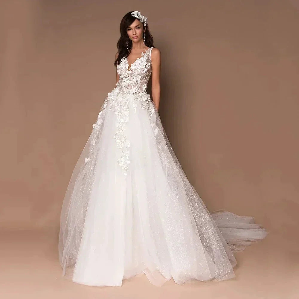 Sparkly V-Neck Wedding Dresses 2023 Boho 3D Appliques Tulle Bridal Gowns Vestidos De Novia Bohemian Princess Brides Dresses (ZD13312)