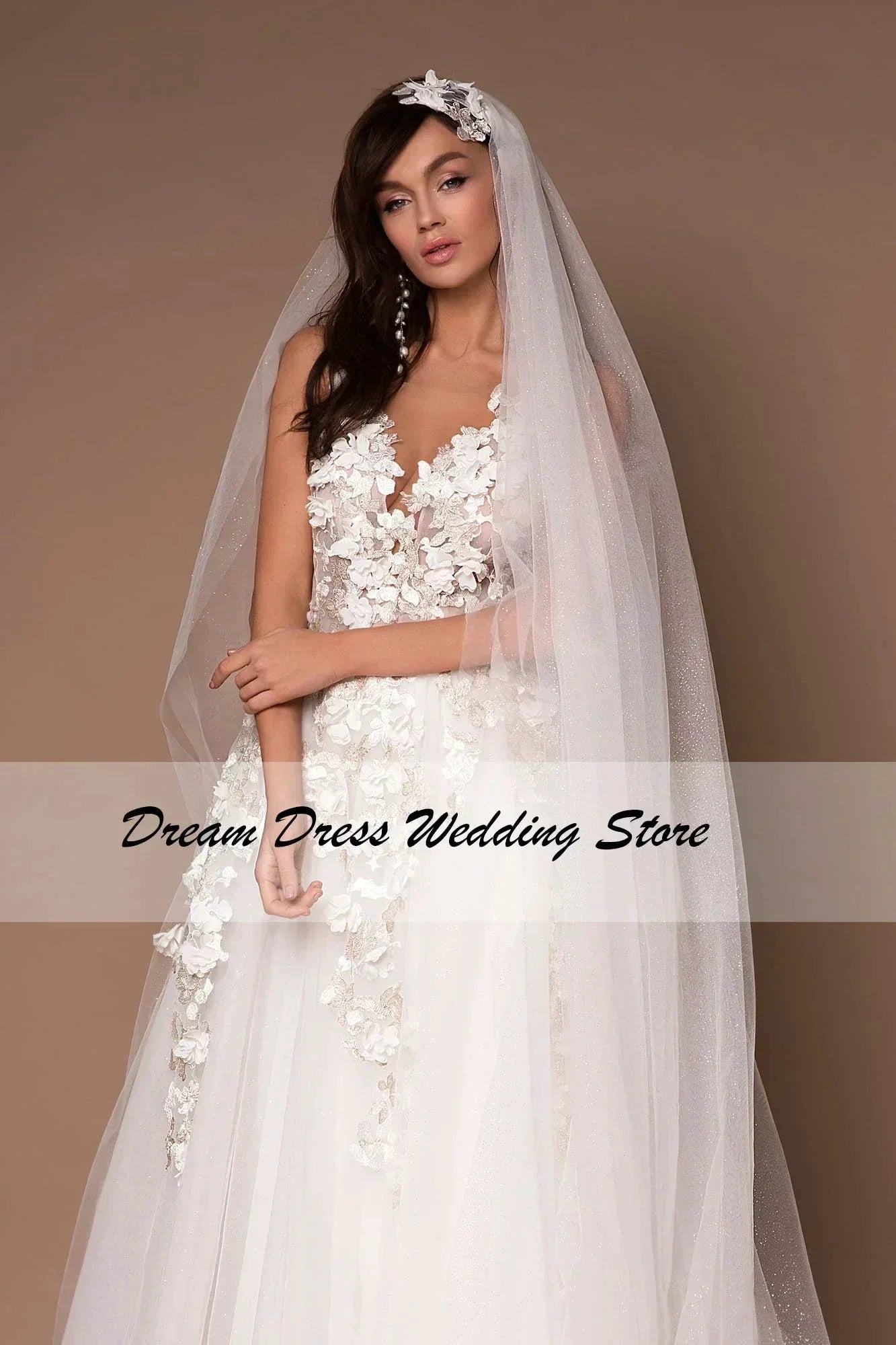 Sparkly V-Neck Wedding Dresses 2023 Boho 3D Appliques Tulle Bridal Gowns Vestidos De Novia Bohemian Princess Brides Dresses (ZD13312)