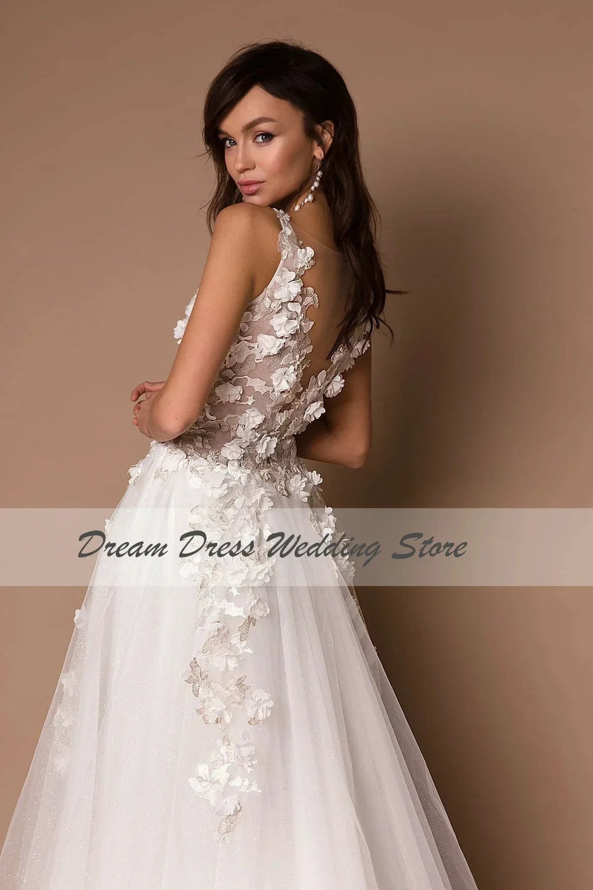 Sparkly V-Neck Wedding Dresses 2023 Boho 3D Appliques Tulle Bridal Gowns Vestidos De Novia Bohemian Princess Brides Dresses (ZD13312)