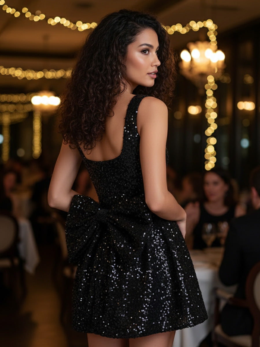 Sparkly A Line Square Neck Short Homecoming Dress with Bow