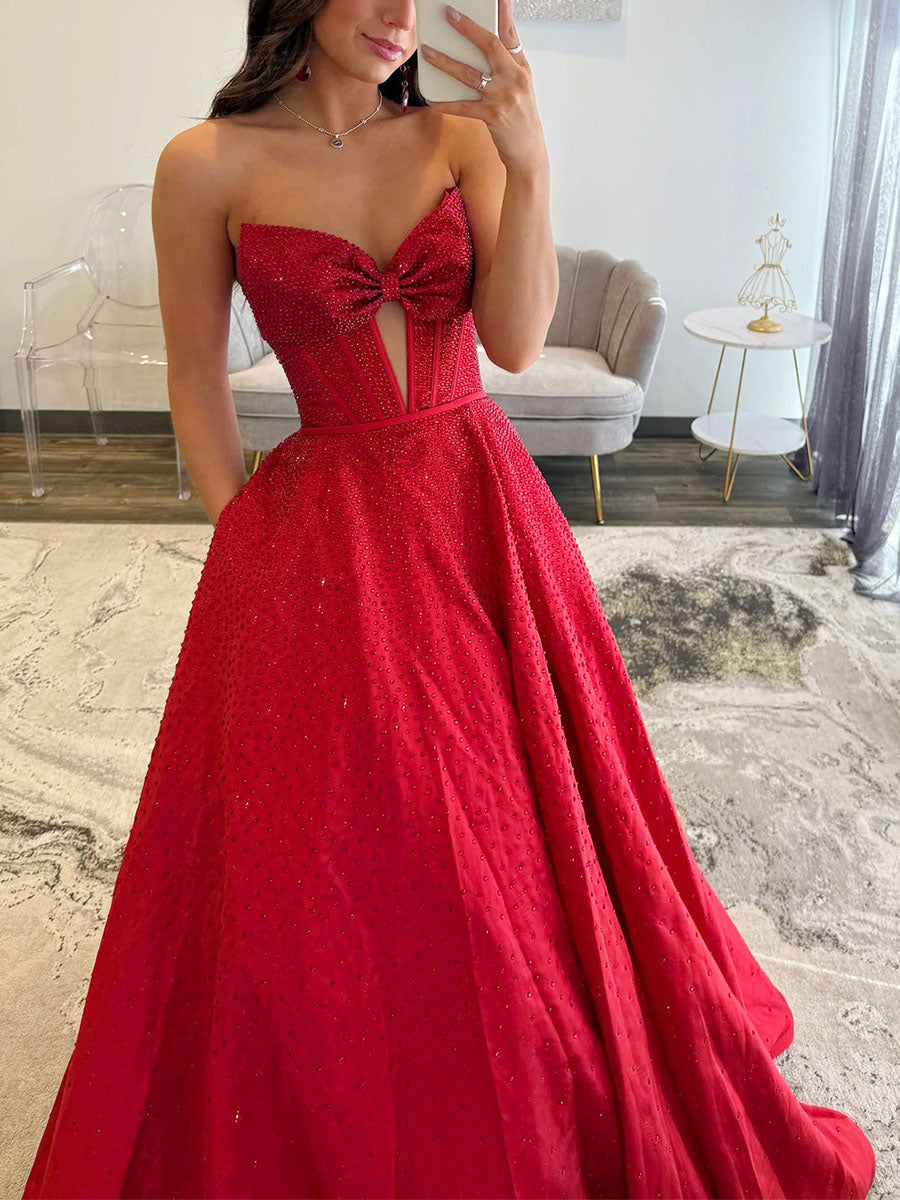 Sparkly Beaded Strapless Long Corset Prom Dress with Bow