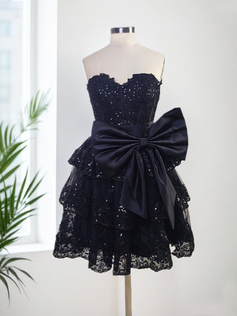 Sparkly A-Line Sweetheart Corset Tiered Ruffle Homecoming Dress with Bows - View 4 | FashionDia