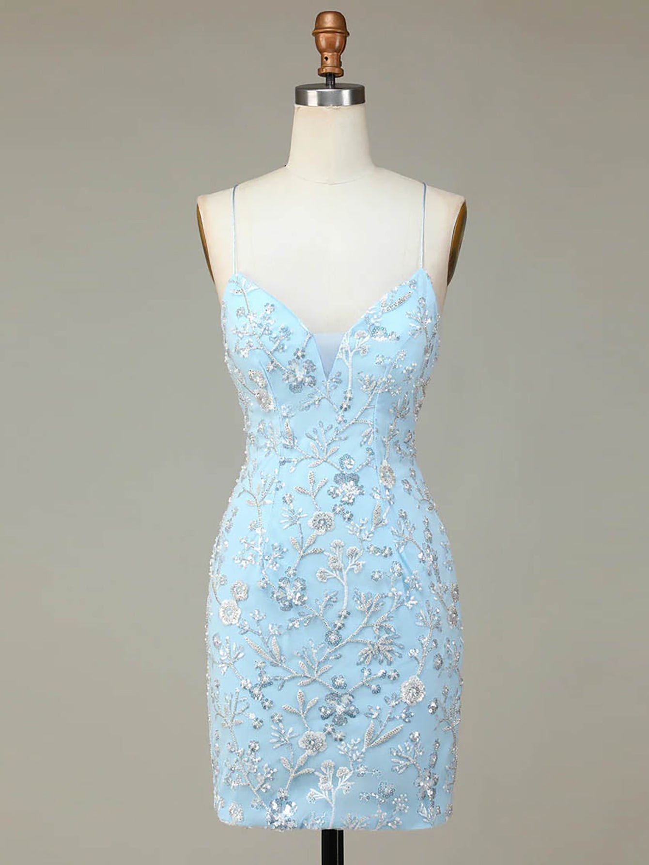 Sparkly Blue Spaghetti Straps Tight Homecoming Dress - Fashionpara