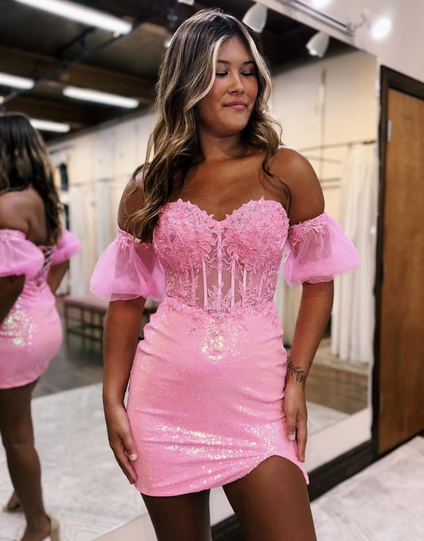 Sparkly Bodycon Lace And Sequin Homecoming Dress with Detachable Sleeves