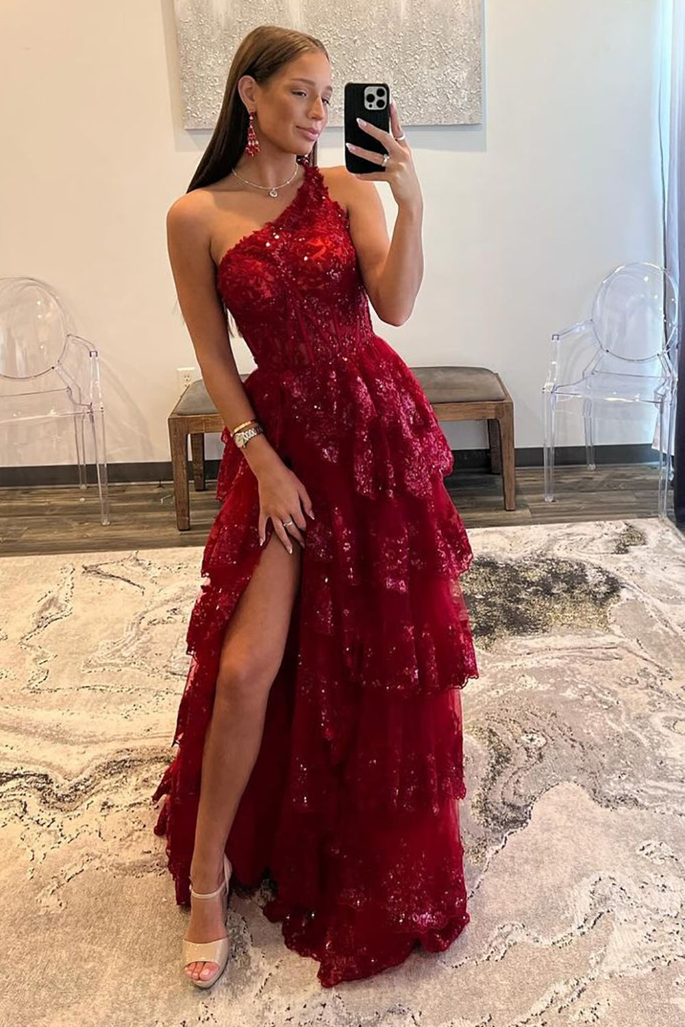 Dark Red A-Line Sequin One-Shoulder Tiered Long Prom Dress With Slit - FashionDia