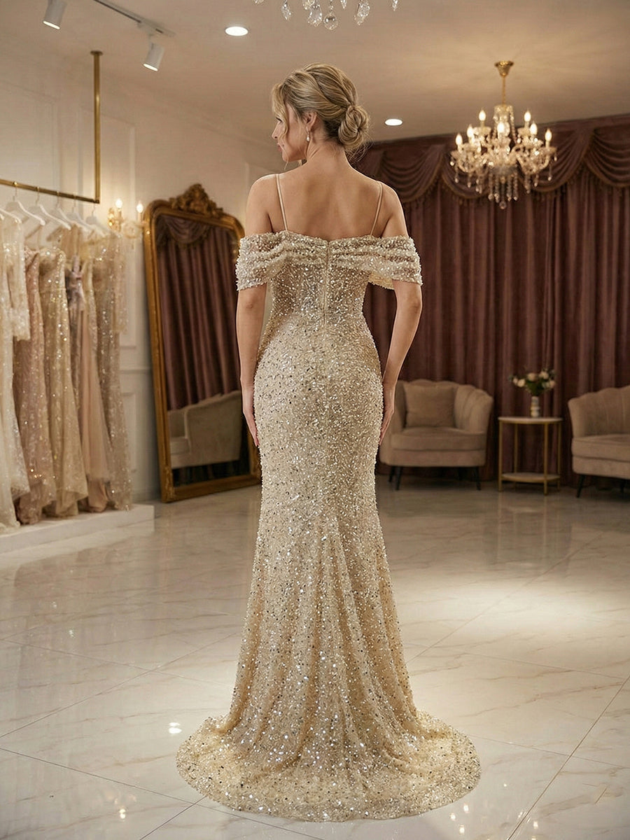 Sparkly Champagne Beaded Off-the-Shoulder Mermaid Long Prom Dress