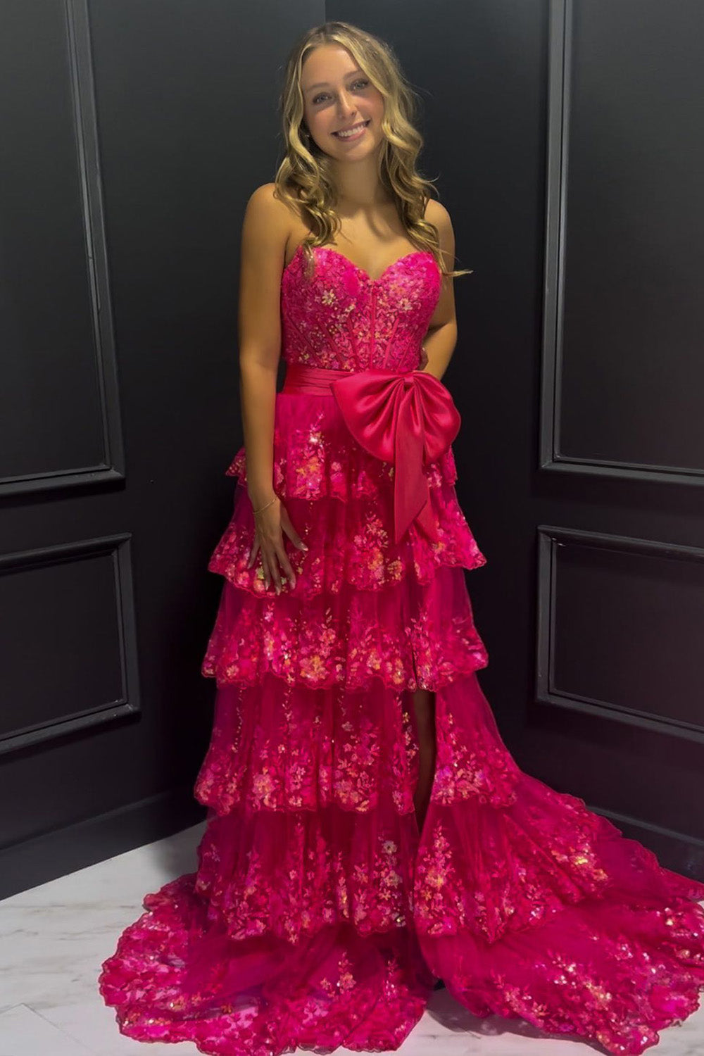 Sparkly Pink A-Line Sweetheart Long Tiered Sequin Prom Dress with Slit