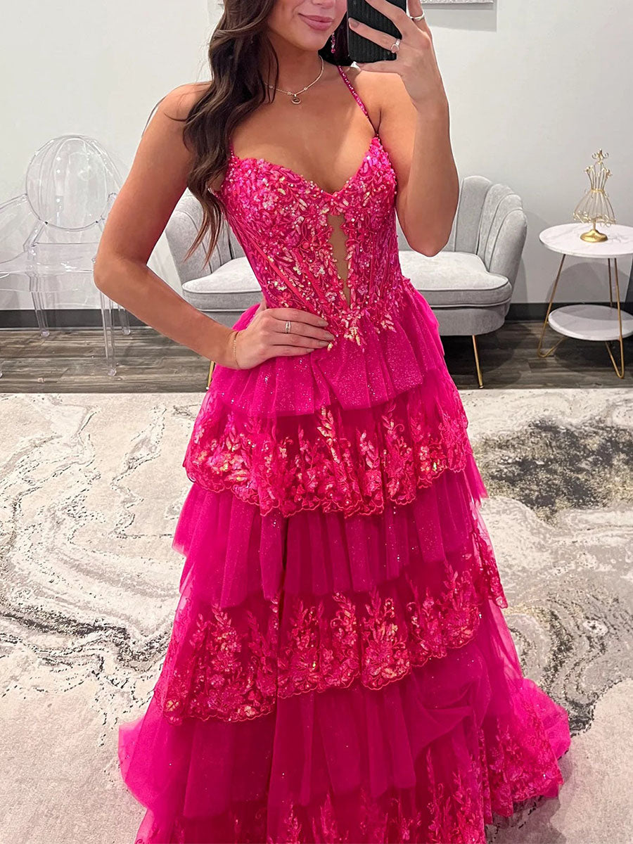 Sparkly Lace Embroidery Tiered Long Prom Dress with Slit