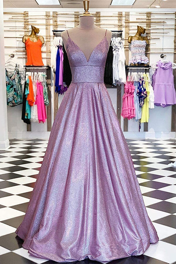 Sparkly Lavender A-line V-neck Spaghetti Straps Prom Dresses, Evening Dress - View 2 | VelvetHem