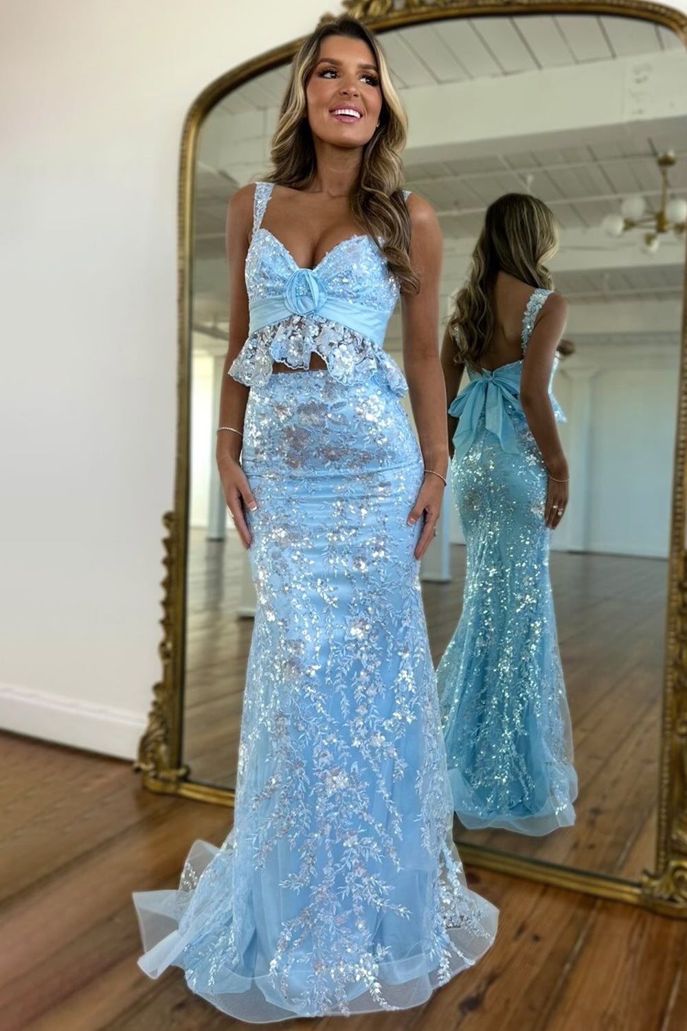 Stunning Two Piece Sweetheart Light Blue Long Prom Dress with Lace 3D Flowers