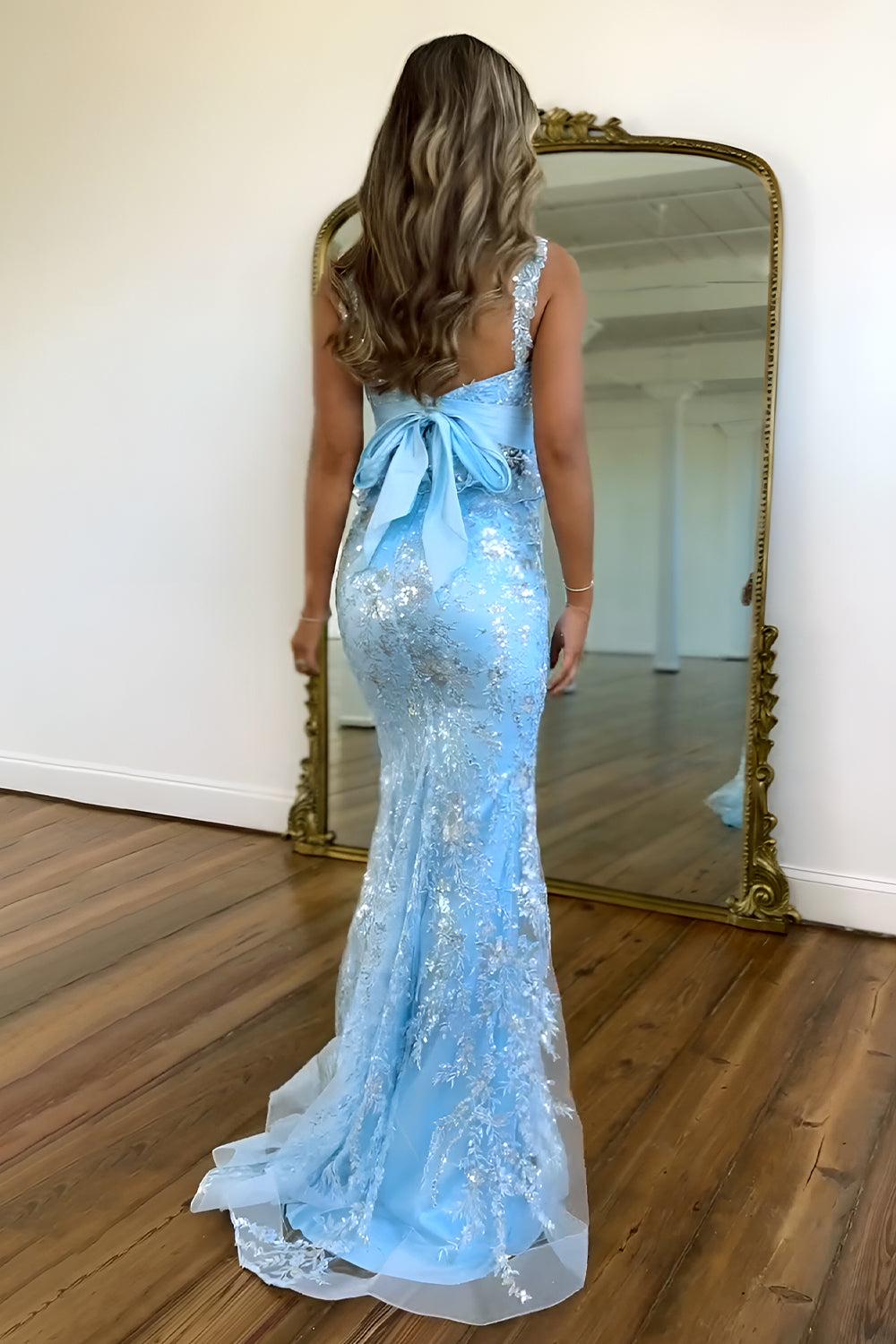 Stunning Two Piece Sweetheart Light Blue Long Prom Dress with Lace 3D Flowers