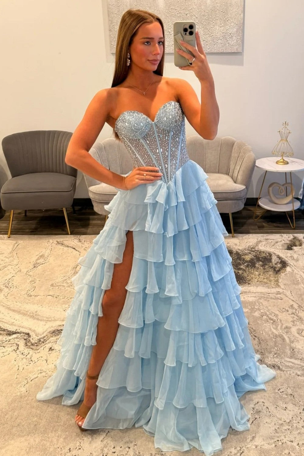 Princess A-Line Sweetheart Light Blue Corset Prom Dress with Beading Ruffles - View 5 | FashionDia