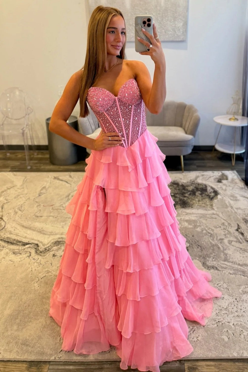 Princess A-Line Sweetheart Light Blue Corset Prom Dress with Beading Ruffles - View 6 | FashionDia