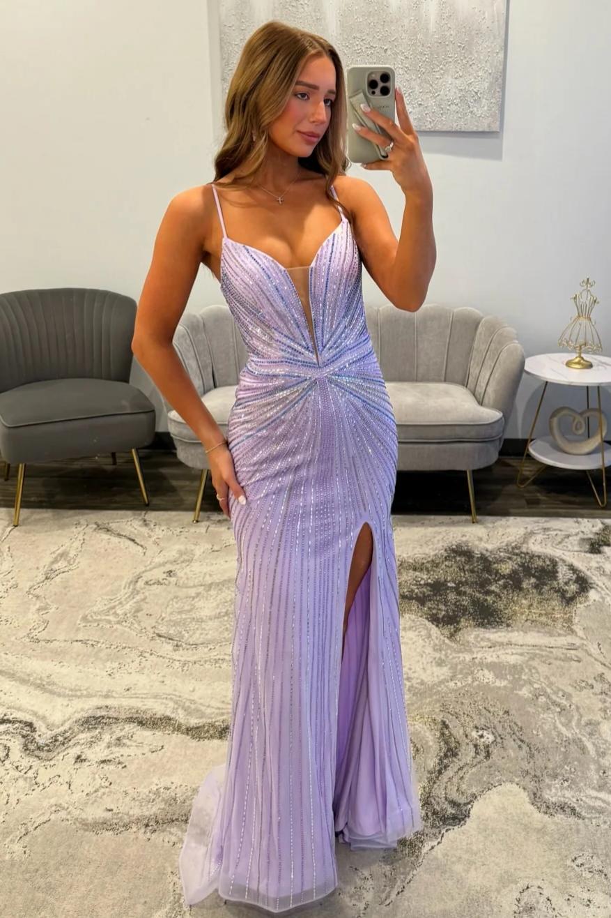 Luxurious Mermaid Spaghetti Straps Lilac Long Prom Dress with Beading Slit
