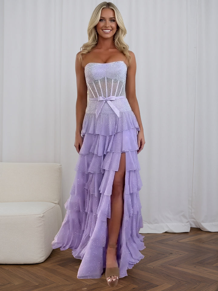 Sparkly Lilac Strapless Tiered Ruffle Corset Prom Dress with Slit