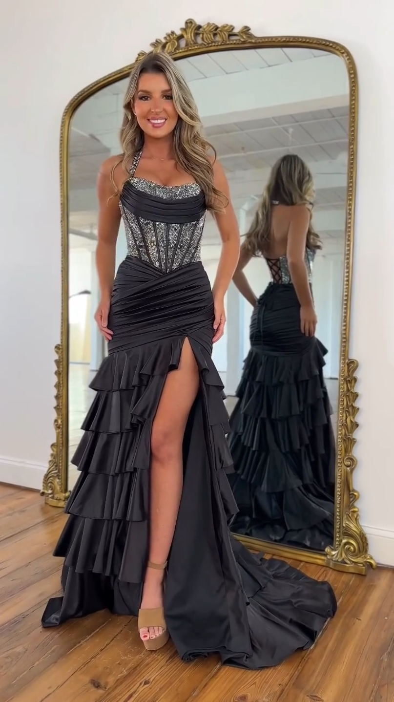 Gorgeous Mermaid Halter Neck Royal Blue Corset Prom Dress with Beading Ruffles
