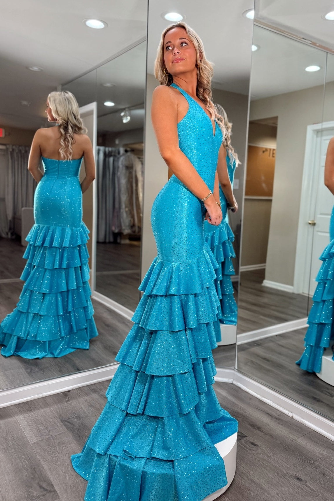Sparkly Mermaid Halter Neck Blue Long Prom Dress with Beading Ruffles