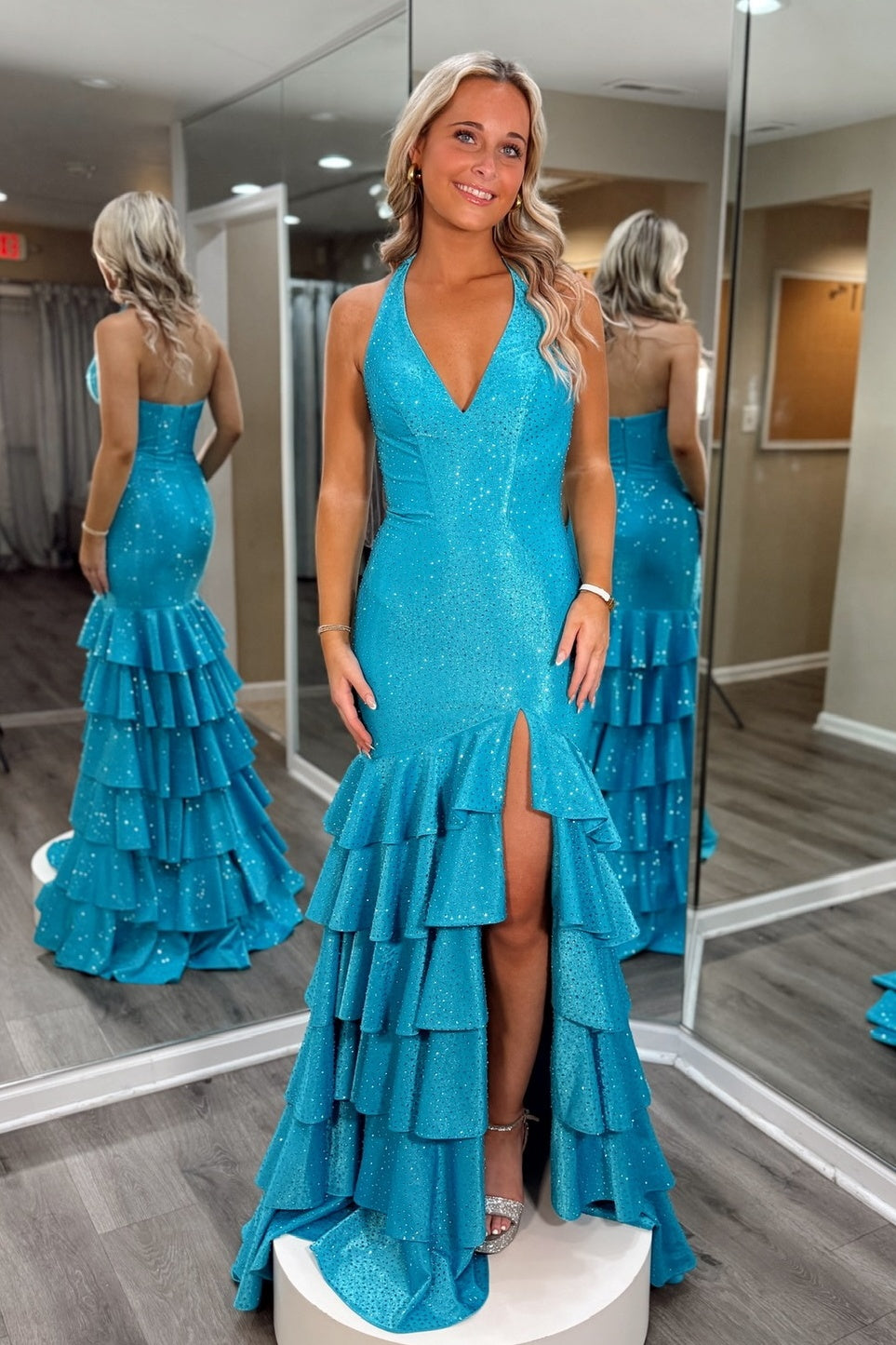 Sparkly Mermaid Halter Neck Blue Long Prom Dress with Beading Ruffles